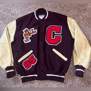 VTG Letterman Jacket DeLong XL Burgundy Cream Joe C 65 Calif Dreamin Bear Cloud